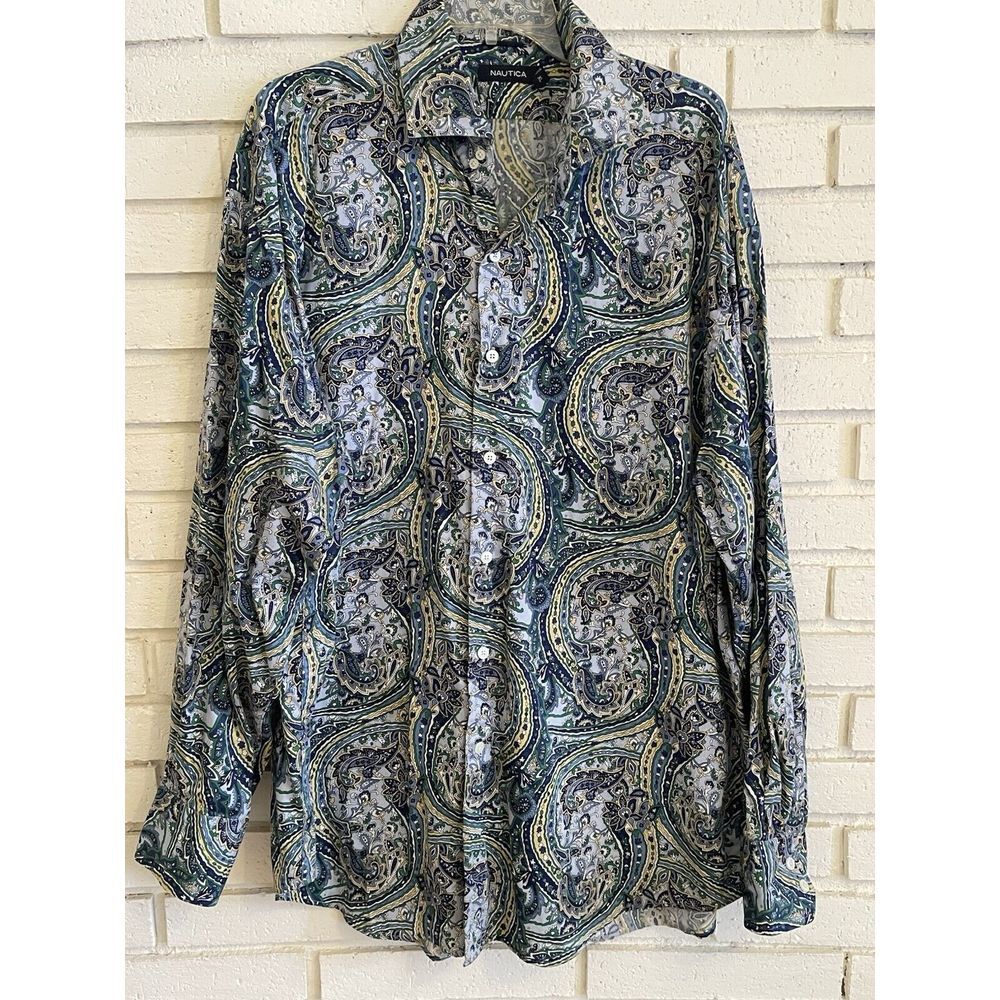 Nautica Men's Paisley Floral Print Long Sleeve Button Down Shirt Blue/Yellow XL